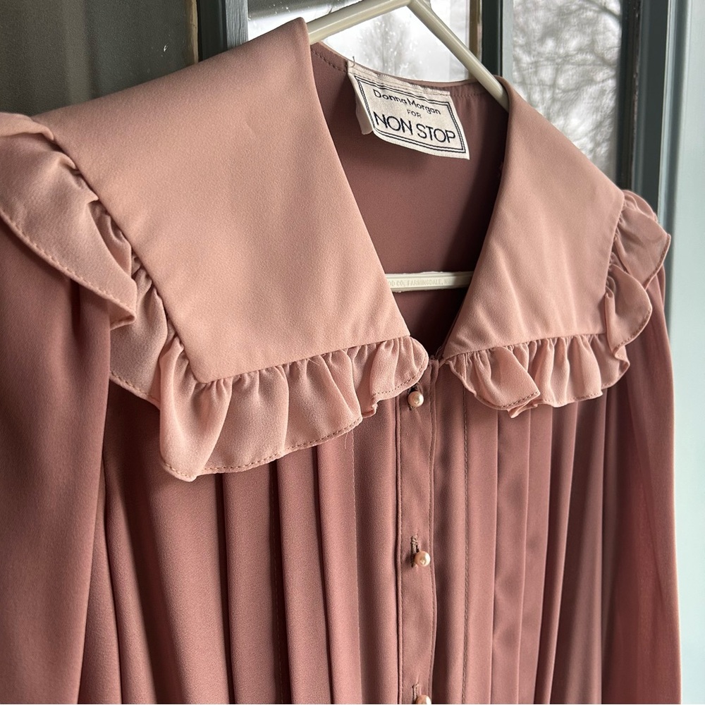 Vintage 70’s Prairie Ruffle Collar Midi Dress Long Sleeve Pearl Button Pleated M - Picture 4 of 10